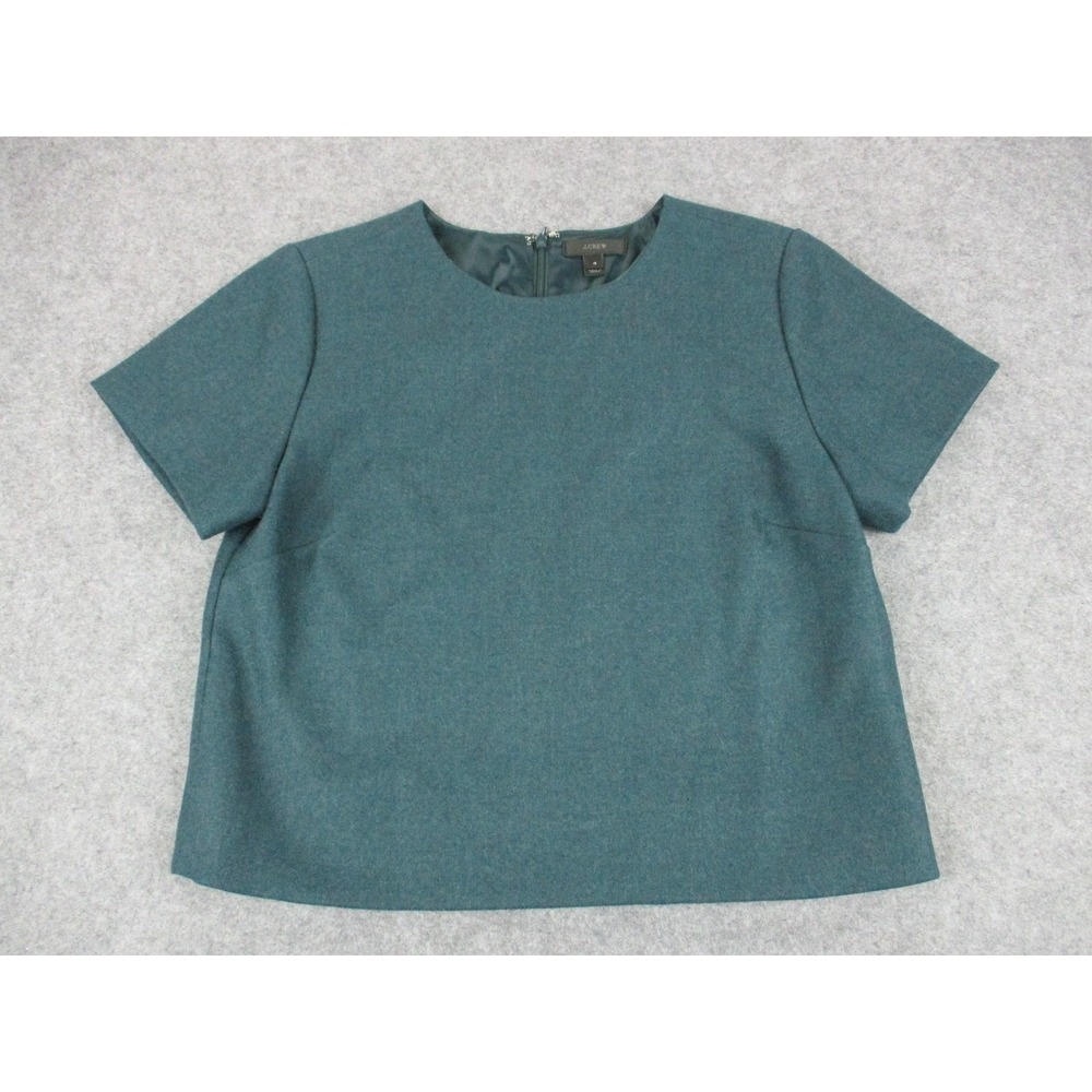 J Crew Blouse Women 4 Green Wool Round Neck Cap Sleeve Back Zip Lined